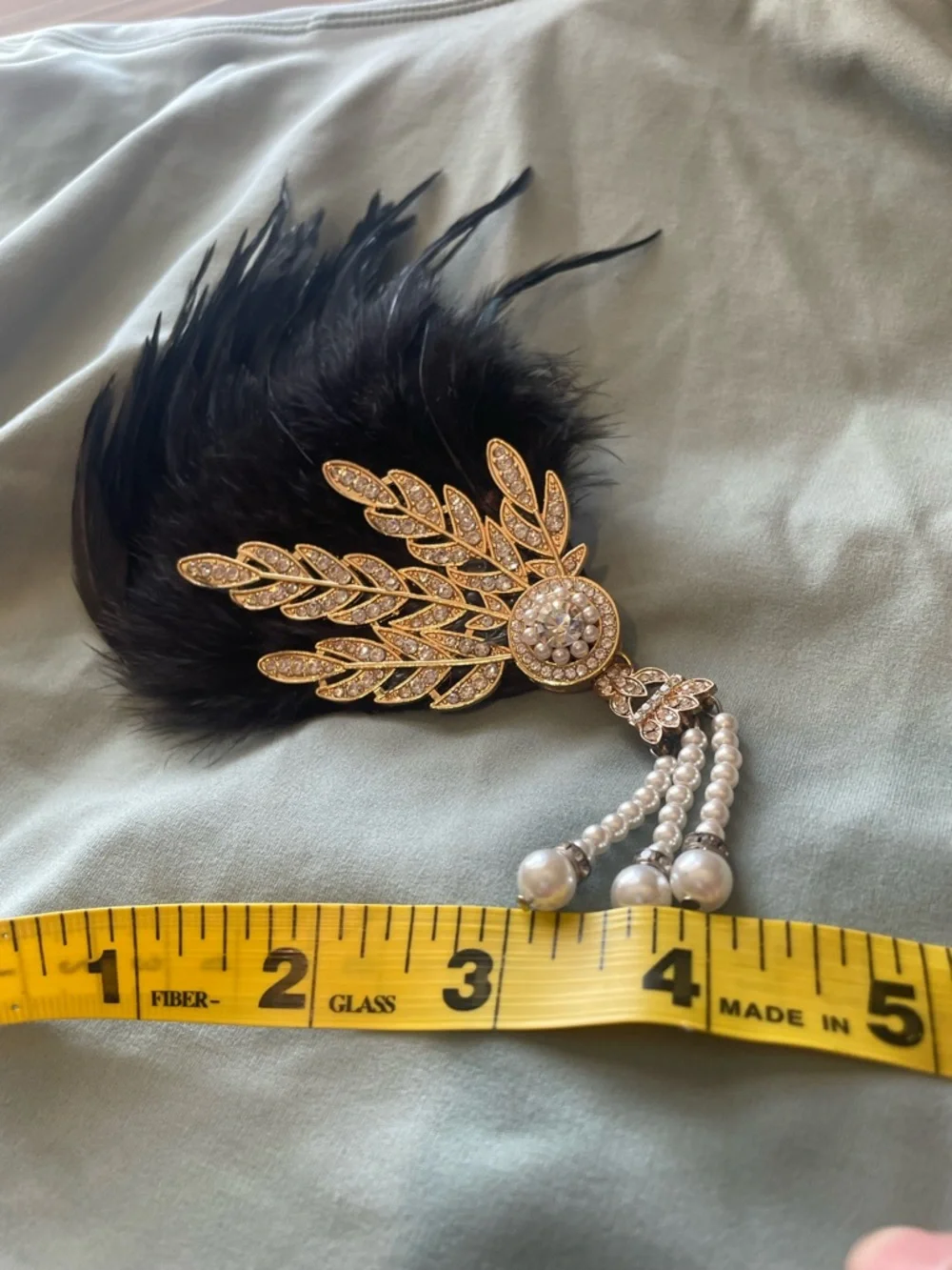 Gold-Tone Crystal & Pearl Feather Brooch with Black Feathers